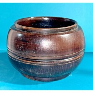 Vintage Turned Wood Bowl PLZ Marked 4in Hardwood Round Trinket Dish